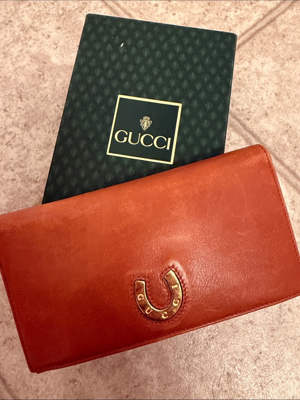Gucci Red Brown Leather Continental Wallet with Gold Horseshoe Accent